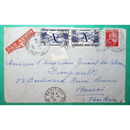 N°283 + 334 x2 PAIX CHAMONIX LETTRE PAR AVION PARIS POUR HANOÏ TONKIN 1937 COVER FRANCE