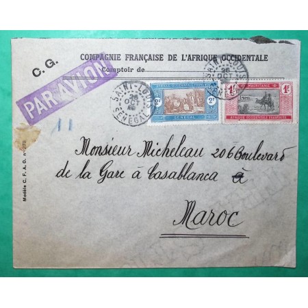2F SENEGAL AOF + 1F MAURITANIE AOF LETTRE PAR AVION ST LOUIS SENEGAL POUR CASABLANCA MAROC 1926 COVER FRANCE