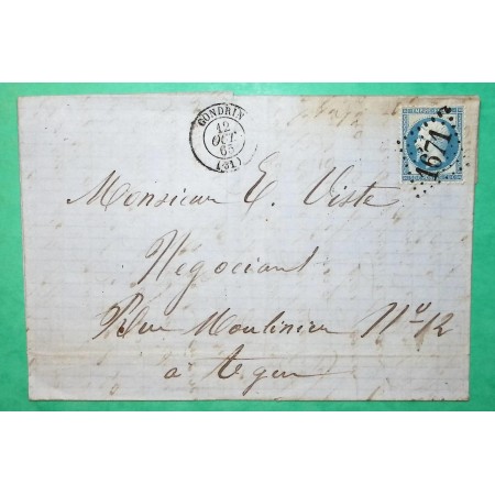 N°22 GC 1671 GONDRIN GERS POUR AGEN LOT ET GARONNE 1865 LETTRE COVER FRANCE