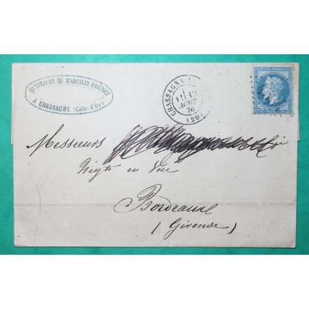 N°29 GC 4534 CHASSAGNE LE HAUT COTE D'OR BUREAU SUPPLEMENTAIRE POUR BORDEAUX GIRONDE 1870 LETTRE COVER FRANCE