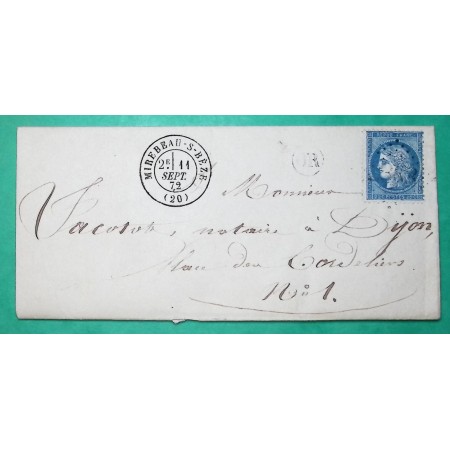 N°60A GC 2368 MIREBEAU SUR BEZE COTE D'OR OR ORIGINE RURALE TROCHERES POUR DIJON 1872 LETTRE COVER FRANCE