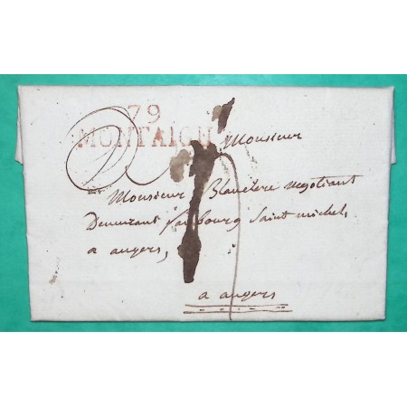 MARQUE 79 MONTAIGU VENDEE ROUGE POUR ANGERS MAINE ET LOIRE 38x11 1819 LETTRE COVER FRANCE