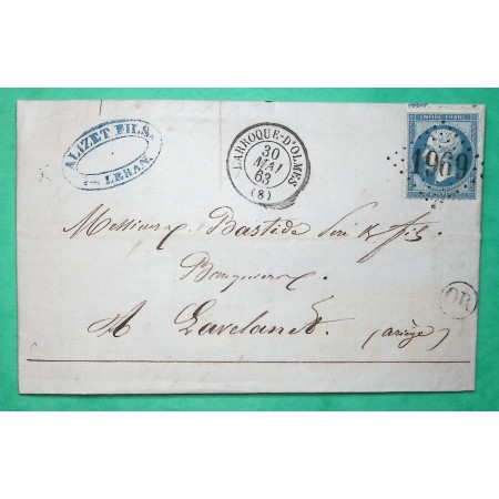 N°22 GC 1969 LARROQUE D'OLMES ARIEGE OR ORIGINE RURALE LERAN POUR LAVELANET 1863 LETTRE COVER FRANCE