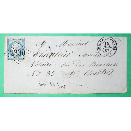 N°22 GC 2330 MESLAY LE VIDAME EURE ET LOIR BOITE RURALE F NON IDENTIFIEE POUR CHARTRES 1867 LETTRE COVER FRANCE