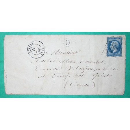 N°22 GC 1131 CORDES TARN BOITE RURALE D VINDRAC POUR ST VAURY CREUSE 1866 LETTRE COVER FRANCE