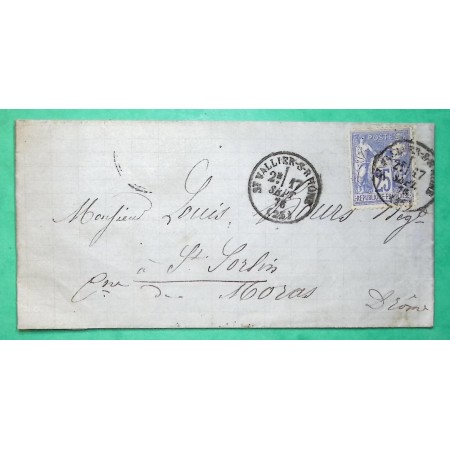 N°68 SAGE 25C OUTREMER TYPE 1 CAD TYPE 16 ST VALLIER SUR RHONE DROME POUR ST SORLIN 1876 LETTRE COVER FRANCE