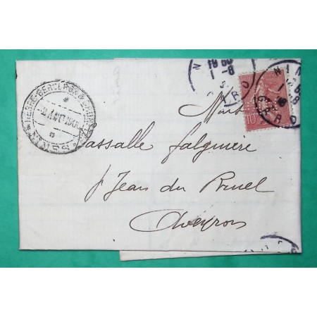 N°129 SEMEUSE PERFORE NBB NEGRE BERGERON BRUNETON NIMES GARD POUR ST JEAN DU BRUEL AVEYRON 1906 LETTRE COVER FRANCE