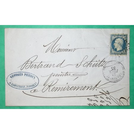 N°14 BLEU LAITEUX COLLE A LA CIRE PC 961 CAD TYPE 22 CORNIMONT VOSGES POUR REMIREMONT 1855 LETTRE COVER FRANCE