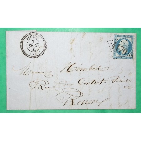 N°22 GC 4170 CAD TYPE 22 VEULES SEINE INFERIEURE POUR ROUEN 1863 LETTRE COVER FRANCE