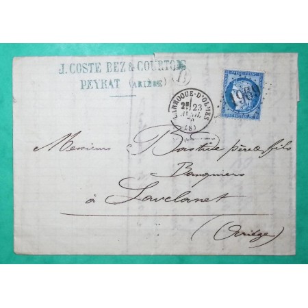 N°60A GC 1969 LARROQUE D'OLMES ARIEGE BOITE RURALE B PEYRAT POUR LAVELANET 1872 LETTRE COVER FRANCE