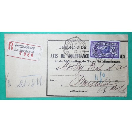 N°144 MERSON 60 SEUL SUR LETTRE RECOMMANDE BORDEAUX GIRONDE AVIS DE SOUFFRANCE CHEMIN DE FER 1922 COVER FRANCE