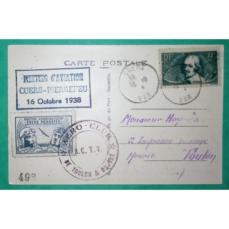 N°381 CALLOT CHOMEURS INTELLECTUELS CARTE POSTALE MEETING AVIATION CUERS PIERREFEU + VIGNETTE VAR 1938 COVER FRANCE