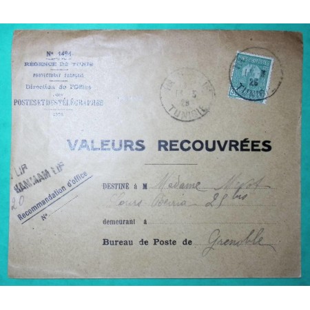 30C VERT REGENCE DE TUNIS TUNISIE LETTRE VALEURS RECOUVREES HAMMAM LIF POUR GRENOBLE ISERE 1929 COVER FRANCE