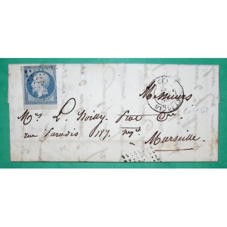 N°14 BDF BLEU LAITEUX PC 36 AJACCIO CORSE POUR MARSEILLE BOUCHES DU RHONE 1855 LETTRE COVER FRANCE