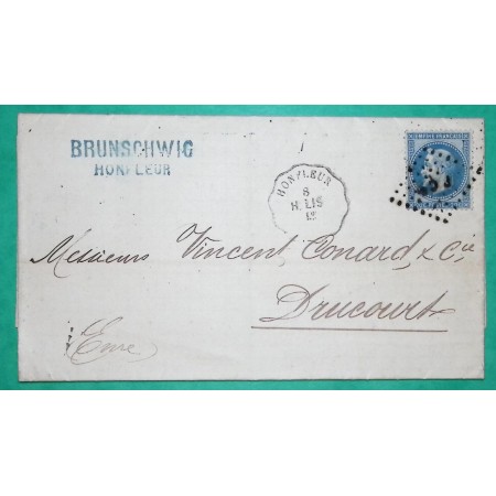 N°29 CONVOYEUR STATION HONFLEUR LIGNE H.LIS HONFLEUR A LISIEUX CALVADOS POUR DRUCOURT EURE 1869 LETTRE COVER FRANCE