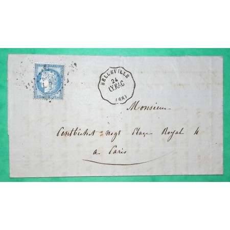 N°60A CONVOYEUR STATION BELLEVILLE LIGNE LY.MAC LYON A MACON RHONE POUR PARIS 1872 LETTRE COVER FRANCE