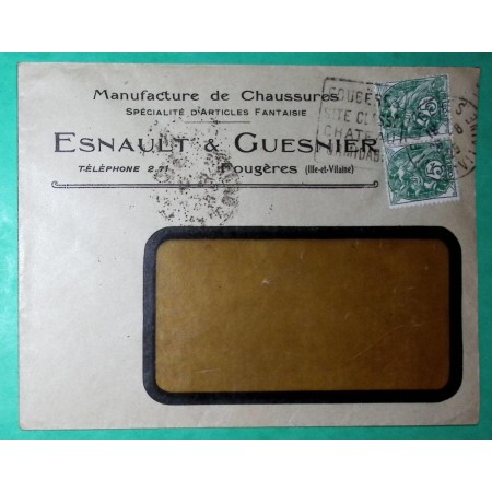 N°111 PAIRE BLANC ENVELOPPE PUB MANUFACTURE DE CHAUSSURES FOUGERES ILLE ET VILAINE 1925 LETTRE COVER FRANCE