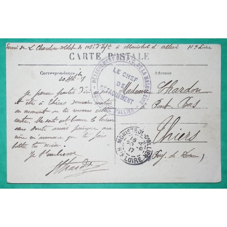 FRANCHISE MILITAIRE FM DETACHEMENT PG PRISONNIERS DE GUERRE MONISTROL D'ALLIER HAUTE LOIRE 1917 WW1 LETTRE COVER FRANCE