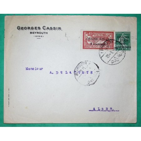 N°119 + 159 MIXTE MERSON SEMEUSE SURCHARGE GRAND LIBAN 2 PIASTRES + 50 CENTIMES BEYROUTH POUR ALGER ALGERIE COVER FRANCE