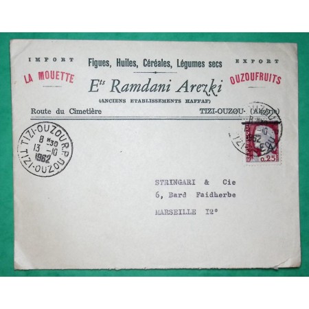 N°1263 MARIANNE DECARIS SURCHARGE EA ETAT ALGERIEN BELLE ENVELOPPE PUB FIGUES HUILES CEREALES LA MOUETTE TIZI OUZOU 1962