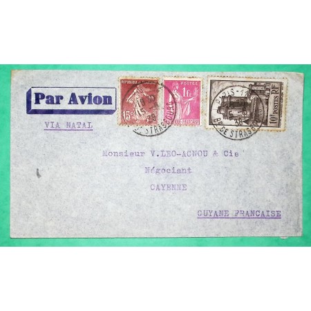 N°189 + 369 + 393 MIXTE PAIX SEMEUSE DONJON VINCENNES LETTRE PAR AVION PARIS POUR CAYENNE GUYANE 1938 COVER FRANCE