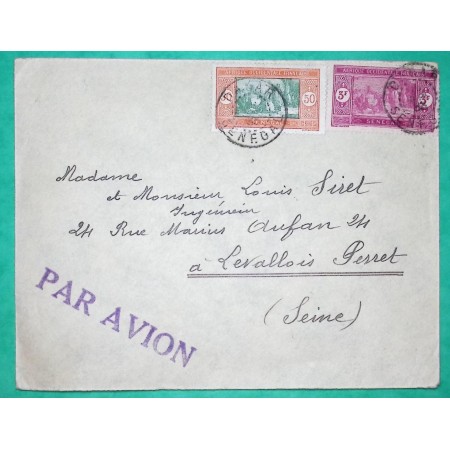 50C + 3F AOF SENEGAL LETTRE PAR AVION DAKAR POUR LEVALLOIS PERRET SEINE 1933 COVER FRANCE