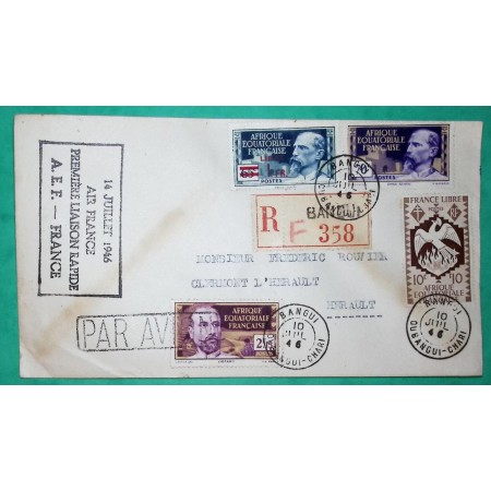RECOMMANDE PAR AVION BANGUI OUBANGUI CHARI PREMIERE LIAISON RAPIDE AEF FRANCE AIR FRANCE 1946 LETTRE COVER FRANCE