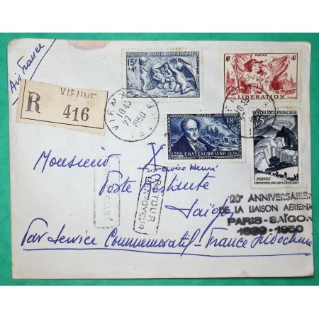 N°739 + 816 + 829 + 862 RECOMMANDE PAR AVION VIENNE 20ème ANNIVERSAIRE PREMIERE LIAISON AERIENNE PARIS SAIGON 1950 COVER