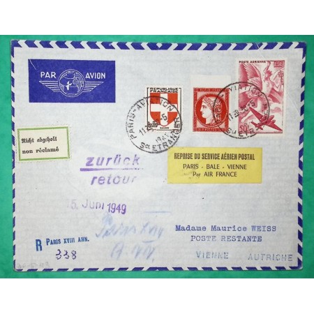 N°17 PA + N°830 + 836 CERES ARMOIRIES SAVOIE REPRISE SERVICE AERIEN POSTAL PARIS BALE VIENNE ETIQUETTE NON RECLAME 1949
