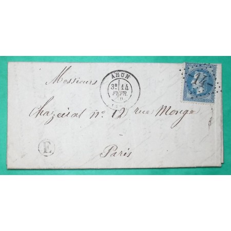 N°29 GC 14 AHUN CREUSE BOITE RURALE E POUR PARIS 1870 LETTRE COVER FRANCE