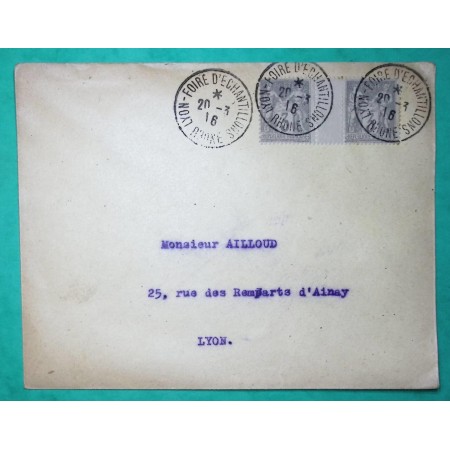N°87 PAIRE INTERPANNEAU SAGE FOIRE D'ECHANTILLONS LYON 1916 PAS AU TARIF LETTRE COVER FRANCE