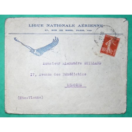 N°138 SEMEUSE BELLE ENVELOPPE PUB LIGUE NATIONALE AERIENNE AIGLE PARIS POUR LIMOGES HAUTE VIENNE 1911 COVER FRANCE