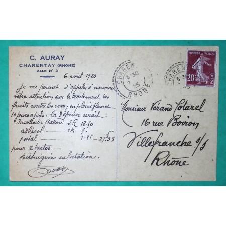 N°139 SEMEUSE CAD TYPE FB84 CHARENTAY RHONE CARTE POSTALE PRIVEE ENGRAIS INSECTICIDES 1925 LETTRE COVER FRANCE