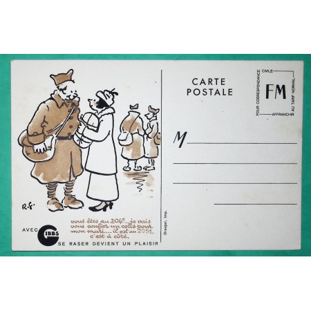 CARTE POSTALE FRANCHISE MILITAIRE FM PUB RASOIR GIBBS NON VOYAGE COVER FRANCE