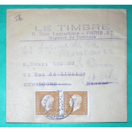 N°683 x2 MARIANNE DULAC BANDE DE JOURNAL LE TIMBRE PARIS POUR CHERBOURG MANCHE REEXP LE RAINCY SEINE ET OISE 1950 FRANCE