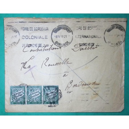 60C BANDE DE 3 DUVAL VERT LETTRE TAXE 1F80 BORDEAUX GIRONDE 1921 LETTRE COVER FRANCE