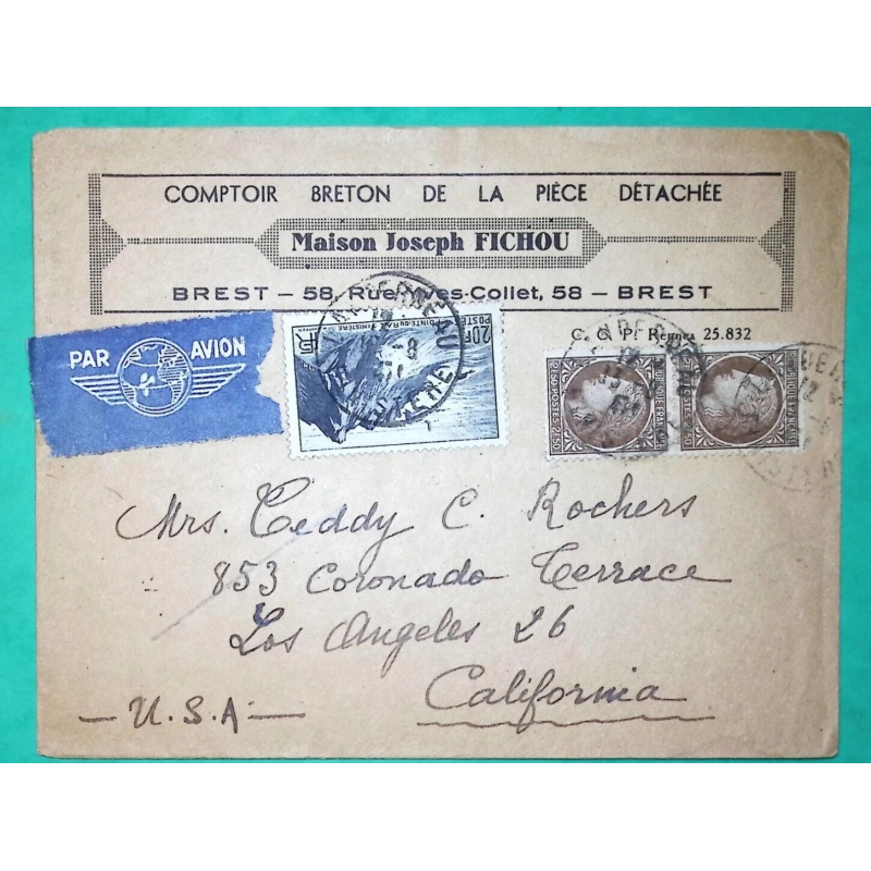 N°681 x2 + 764 CERES MAZELIN POINTE DU RAZ PAR AVION PUB COMPTOIR BRETON LANDERNEAU FINISTERE POUR LOS ANGELES USA 1947