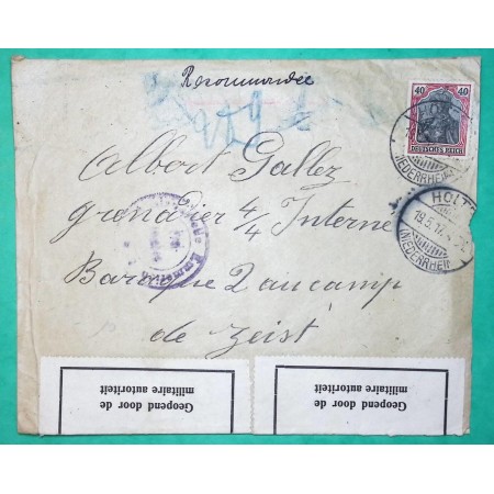 40C GERMANIA RECOMMANDE HOLTEN DEUTSCHLAND ETIQUETTE CENSURE GEOPEND DOOR DE MILITAIRE AUTORITEIT 1917 WW1 FRANCE