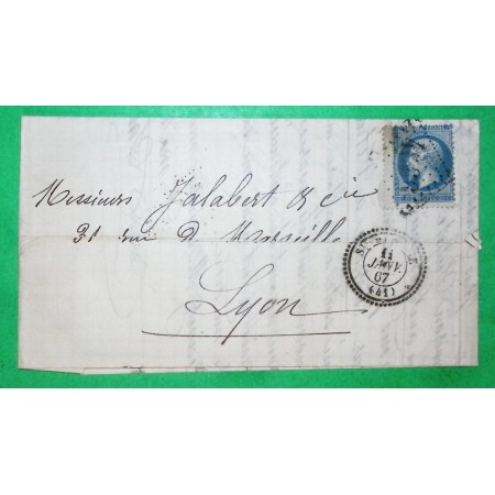 N°22 VARIETE PIQUAGE DECALE GC 4666 CAD TYPE 22 STE FLORINE HAUTE LOIRE POUR LYON RHONE 1867 LETTRE COVER FRANCE