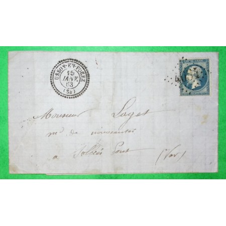 N°22 GC 4054 CAD TYPE 22 USSON EN FOREZ LOIRE POUR SOLLIES PONT VAR 1863 LETTRE COVER FRANCE