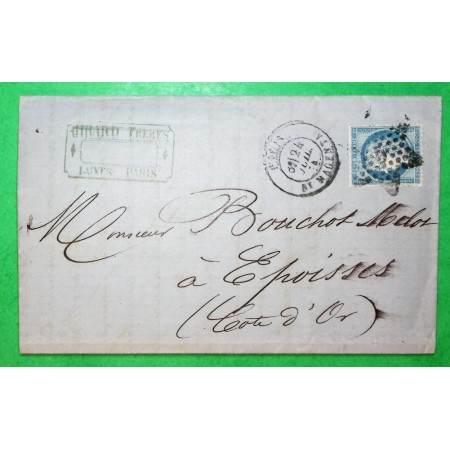 N°60A ETOILE DE PARIS N°5 BOULEVARD MAGENTA POUR EPOISSES COTE D'OR 1874 LETTRE COVER FRANCE