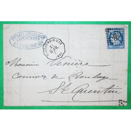 N°60A CONVOYEUR STATION BOULOGNE SUR MER LIGNE B.AM. PAS DE CALAIS POUR ST QUENTIN AISNE 1874 LETTRE COVER FRANCE