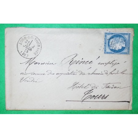 N°60C GC 1888 JOUE DE TOURAINE INDRE ET LOIRE POUR TOURS 1875 LETTRE COVER FRANCE
