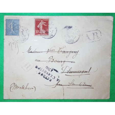 N°132 + 134 SEMEUSE SOL RECOMMANDE LORIENT MORBIHAN RETOUR ENVOYEUR 4780 STE ANNE D'AURAY PLUMERGAT 1906 COVER FRANCE