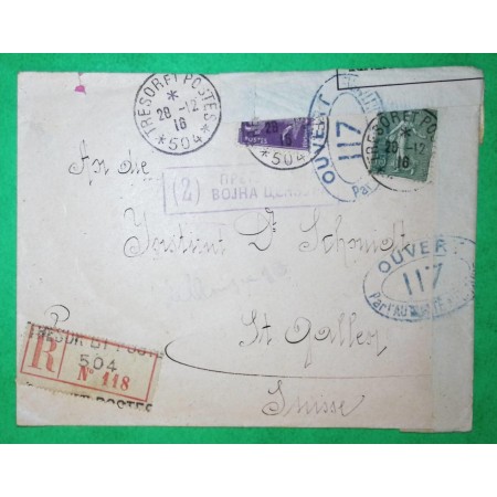N°130 + 142 RECOMMANDE TRESOR POSTES 504 ARMEE D'ORIENT SALONIQUE CENSURE SERBE FRANCAISE POUR ST GALLES SUISSE 1916 WW1