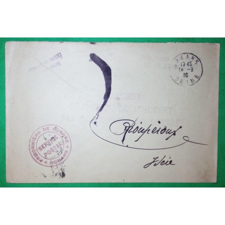 FRANCHISE MILITAIRE FM SERVICE POSTAL PRISONNIERS DE GUERRE ROMANS DROME GRIFFE CHEF DU DETACHEMENT 1916 WW1 FRANCE