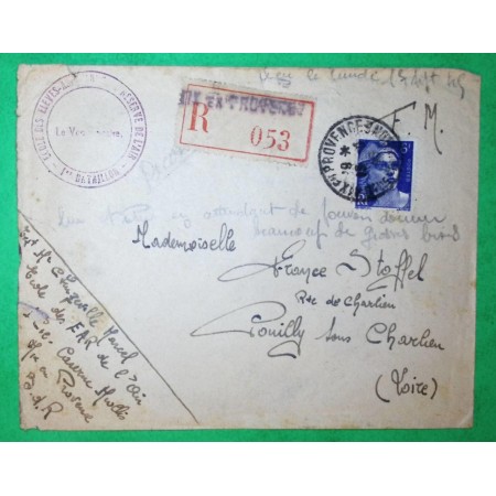 N°720 MARIANNE DE GANDON FRANCHISE MILITAIRE FM RECOMMANDE ECOLE DES ELEVES DE L'AIR AIX EN PROVENCE WW2 COVER FRANCE