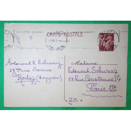 ENTIER IRIS 80C KRAG TEXTE LIME RODEZ AVEYRON DREYFUSS ROD107 CARTE POSTALE POUR PARIS 1941 LETTRE COVER FRANCE