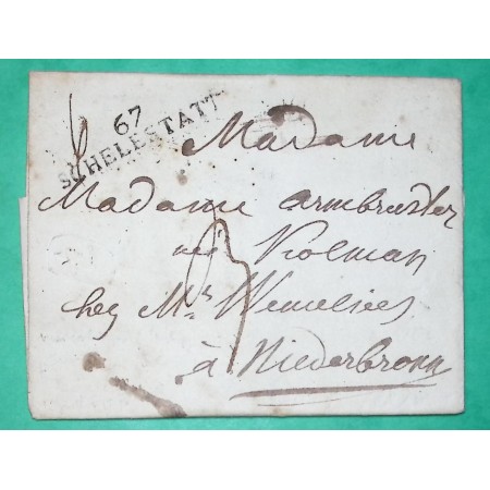 MARQUE 67 SCHELESTATT SCHELESTAT BAS RHIN CACHET ARRIVEE SPECIAL STARSBOURG POUR NIEDERBRONN 43x9 1811 COVER FRANCE
