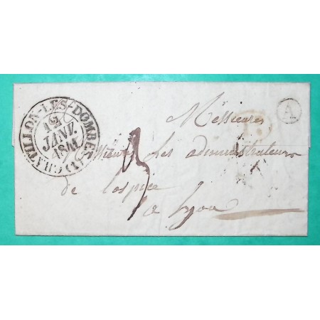 CAD TYPE 13 CHATILLON LES DOMBES AIN DECIME + BOITE RURALE A NEUVILLE LES DAMES POUR LYON RHONE 1841 LETTRE COVER FRANCE